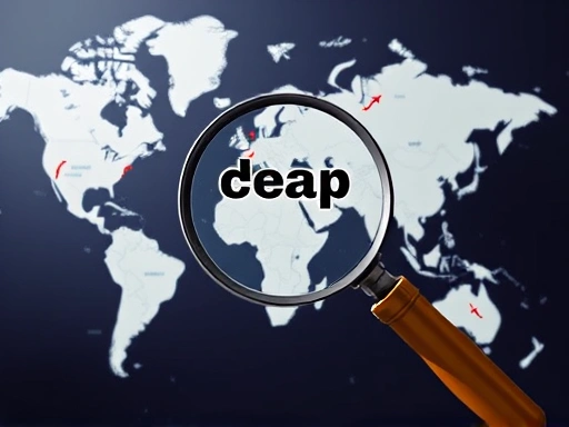 A global map with flight routes highlighted, a magnifying glass hovering over it, symbolizing searching for cheap flights. The scene should convey smart travel planning and budget efficiency, with a sense of worldwide connectivity.