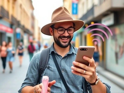 A traveler happily using a smartphone to navigate a city, with a map showing nearby Wi-Fi hotspots, set against a vibrant, bustling foreign street, representing overseas free Wi-Fi search.