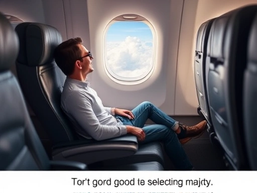A person comfortably seated in a spacious airplane seat, looking out the window at clouds, illustrating the joy of good seat selection. Focus on comfort and relaxation.