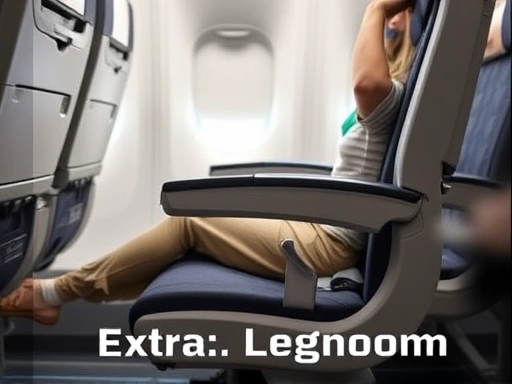 A close-up of an airplane seat with extra legroom, highlighting the generous space, perhaps showing a person stretching their legs, symbolizing a successful upgrade or premium seat.