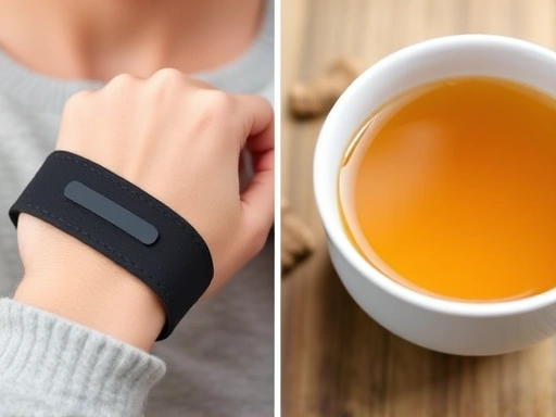 Close-up of a hand wearing an acupressure band, next to a cup of steaming ginger tea, illustrating natural remedies for motion sickness relief.