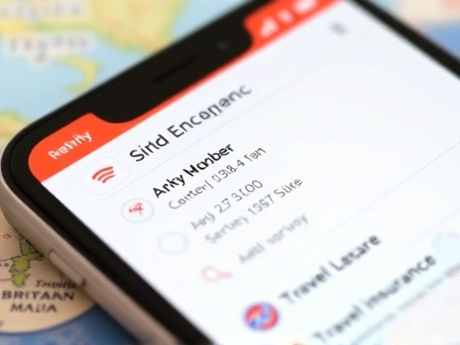 Close-up of a smartphone screen displaying emergency contact numbers and a travel insurance app, with a blurred map in the background.
