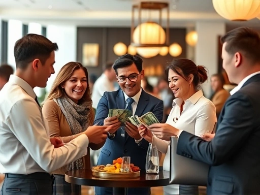 A diverse group of people from different continents exchanging money or small gifts in a restaurant or hotel setting, symbolizing the global variation in tipping culture, with respectful and informative visual cues for different cultures and expectations.