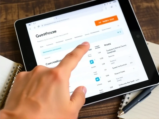 Close-up of a hand pointing at key features on a guesthouse's booking website on a tablet, showing clear room types, prices, and cancellation policies, with a travel notebook and pen nearby.