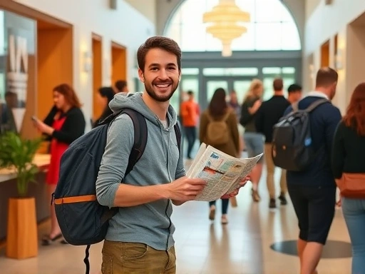 Traveler cheerfully checking into a vibrant, modern guesthouse lobby, with a backpack and a map, surrounded by other diverse travelers in a warm, inviting atmosphere, reflecting ease and discovery.