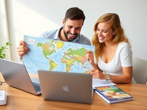 A couple meticulously planning their honeymoon, sitting at a table with a world map, travel guides, and a laptop, showcasing organized and joyful preparation. The scene is bright and optimistic, emphasizing the start of a journey.