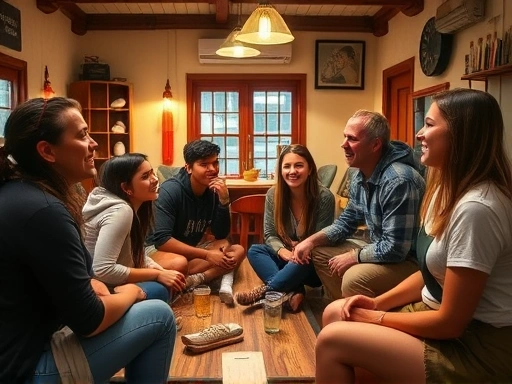 A diverse group of young travelers in a cozy, well-lit hostel common lounge, smiling and interacting, demonstrating good etiquette and shared experiences.