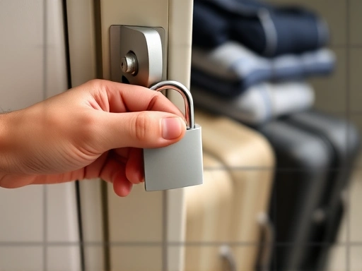 A close-up shot of a traveler's hands securing a padlock on a hostel locker, with neatly organized luggage in the background, emphasizing security and personal space.
