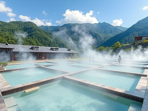 A serene hot spring resort with steam rising from outdoor pools, surrounded by lush green mountains under a clear sky, conveying relaxation and nature. Focus on the resort atmosphere.
