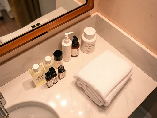 A well-organized hotel bathroom vanity with various small, branded amenity bottles and a neatly folded towel, suggesting luxury and attention to detail. Soft, warm lighting. High angle view, focus on amenities.