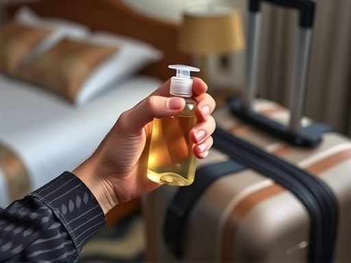 A close-up shot of a traveler's hand holding a small, unused hotel amenity bottle (shampoo/lotion) next to a packed suitcase, emphasizing the idea of taking and reusing items for future travel. Focus on the bottle and hand, blurred background of hotel room. Natural light.