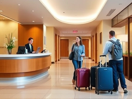 A bright, welcoming hotel lobby during check-in, with a friendly front desk agent assisting a traveler, suitcases visible, clean and modern design.