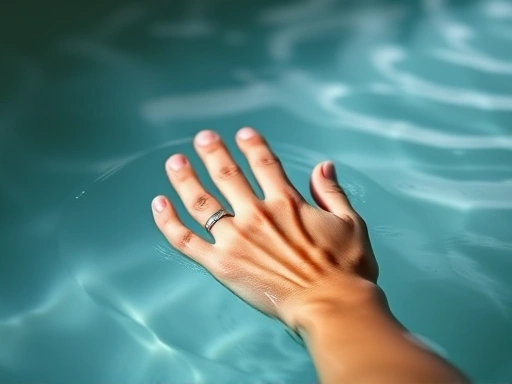A close-up shot of a person's hand testing the warm, clear hot spring water, with gentle ripples and steam, emphasizing the therapeutic and sensory experience of bathing. Focus on the water and skin.