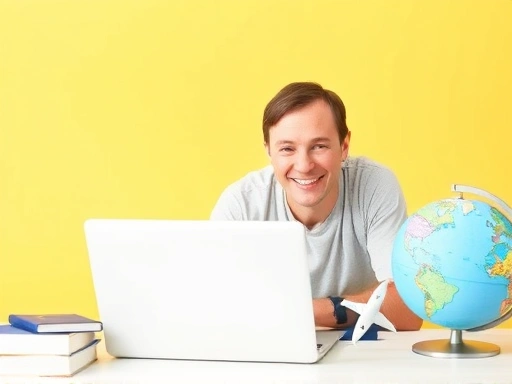 A person happily looking at a flight booking website on a laptop, surrounded by travel items like a passport, globe, and small airplane toy, implying smart travel planning and saving money on flights. The scene is bright and optimistic, with clear visual elements of a good deal.