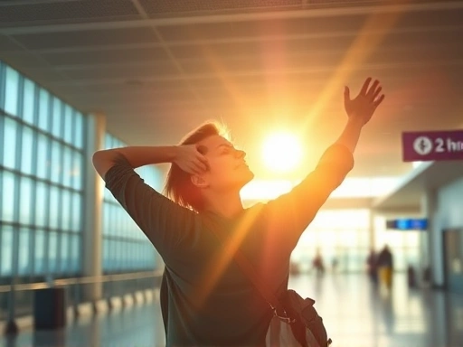 A person gracefully overcoming jet lag, surrounded by vibrant light representing a new time zone, in an modern, calm airport setting, focusing on energy and adjustment.