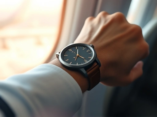 Close-up of a person's wrist wearing a watch, actively changing the time, with a blurred airplane window view in the background, symbolizing the act of adjusting to a new time zone.