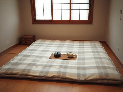 A close-up shot of a traditional Korean yeogwan room's futon on a wooden floor with minimal, practical furnishings, conveying simplicity and an older, authentic lodging experience, including a basic tea set on a small table.