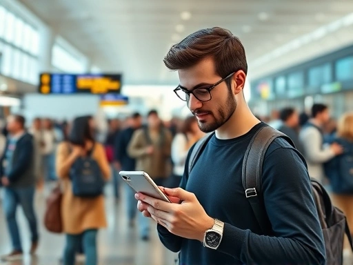 A person standing at a bustling international airport, looking at a digital translation app on their smartphone, with diverse people from different cultures in the background, conveying successful communication. 