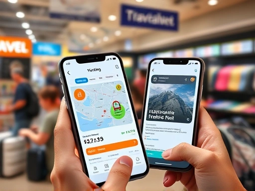 A bustling travel agency display, a traveler looking at a map, a smartphone showing a booking app with a 