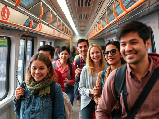 A diverse group of travelers happily using public transport in a bustling foreign city, blending seamlessly with locals. Focus on authentic local experience and discovery.