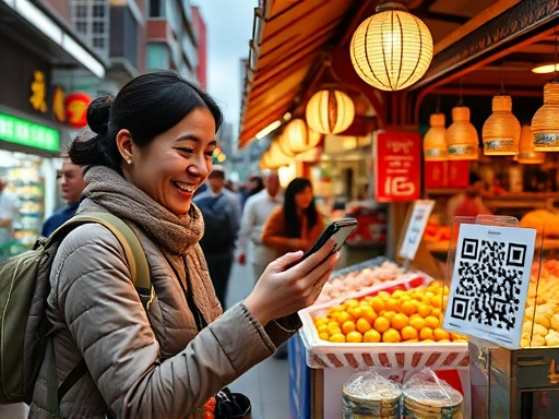 A traveler happily using a smartphone to make a mobile payment at a local market stall in a bustling Asian city, with QR code payment signs visible. The scene should convey convenience and modernity.