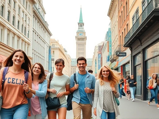 A diverse group of cheerful travelers exploring a vibrant, bustling city street, with iconic landmarks in the background. Focus on a sense of adventure and discovery, incorporating elements of smart travel planning and hidden deals.