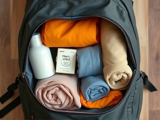 Close-up of a neatly organized backpack with packing cubes, travel-sized toiletries, and rolled clothes inside, efficient, minimalist, smart packing.