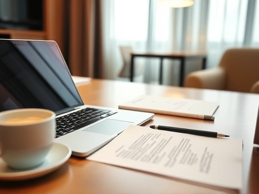 Close-up of a well-organized business hotel room desk with a laptop, documents, and a coffee cup, emphasizing productivity and a comfortable workspace for remote work.