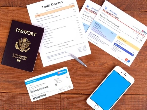 A detailed flat lay of organized travel documents including a passport, visa, boarding pass, insurance card, and a smartphone on a wooden table, emphasizing preparedness and order.
