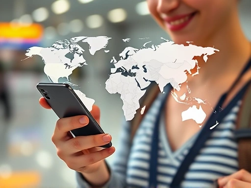 A traveler holding a smartphone with a world map overlay, illustrating global connectivity options like SIM cards and roaming, set against a blurred airport background, focusing on ease of connection.