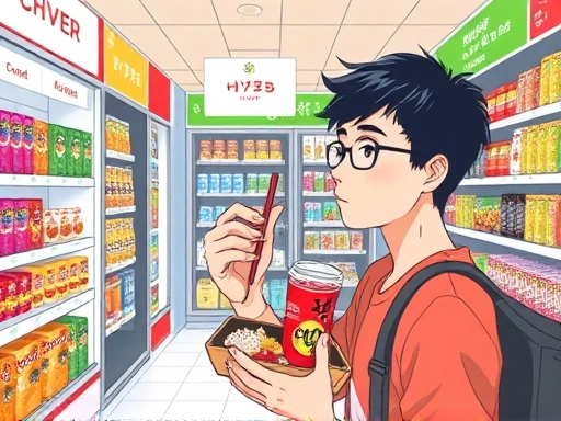A vibrant illustration of a person enjoying a bento box and a unique local drink inside a clean, modern convenience store abroad, showcasing various international snack brands, travel, budget food, local cuisine.