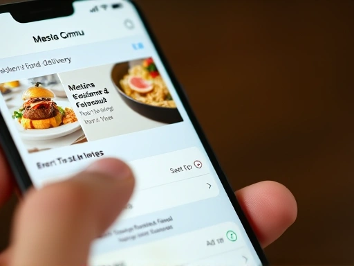 Close-up on a smartphone screen showing a foreign food delivery app's menu selection interface. The user's finger is about to tap an item. The background is slightly blurred, highlighting the app's details, payment options, and the option to add a tip. Focus on the ease of use and detailed information provided by the app.