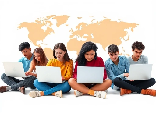 A diverse group of global sellers operating laptops with world map projections, symbolizing international e-commerce expansion and market reach. The scene is bright and dynamic, showing collaboration and ambition, with keywords overseas online store, global e-commerce, market strategy.