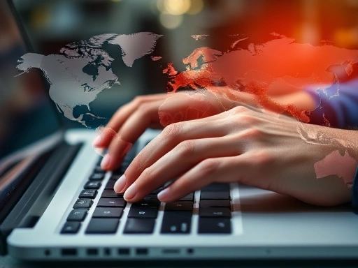 Close-up on hands typing on a laptop keyboard, with various currency symbols and shipping labels digitally overlaid, representing the intricate details of international logistics and payment processing. Focus on precision and efficiency in overseas selling with keywords international shipping, payment processing, e-commerce.