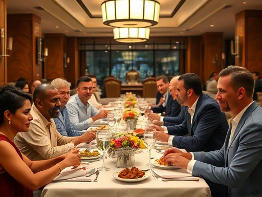 A diverse group of people dining elegantly in a high-end overseas restaurant, showcasing various cultural etiquette nuances and respectful interactions, vibrant and inviting atmosphere.