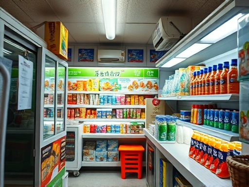 A close-up shot of a brightly lit, compact overseas convenience store interior, showcasing a display of local snacks, drinks, and daily necessities near the counter, highlighting quick grab-and-go convenience for travelers.