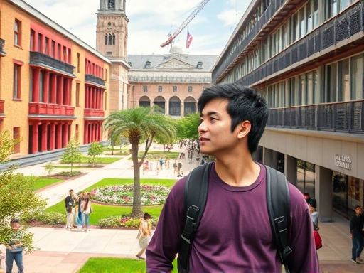 A student exploring a bustling, vibrant university campus with diverse architecture, green spaces, and people, illustrating the experience of visiting an overseas university.