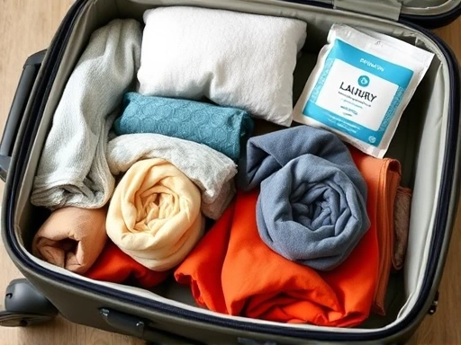 A close-up shot of a neatly packed travel luggage with various rolled clothes and essential laundry items like detergent sheets and packing cubes, illustrating efficient travel clothing management.