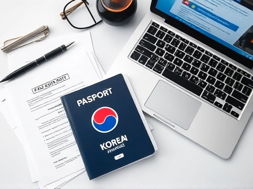 A detailed top-down shot of a Korean passport open on a desk, next to a pile of documents, a pen, and a laptop displaying an embassy website, indicating preparation for international travel and document application. Focus on clarity and organization.