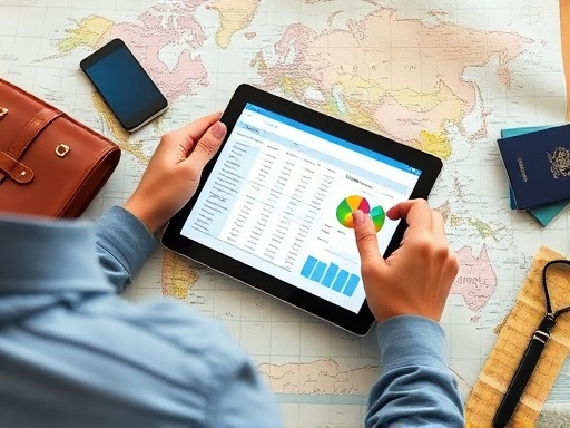 A person thoughtfully planning their travel budget on a tablet, surrounded by travel items like maps and a passport, emphasizing organized financial preparation for a trip.