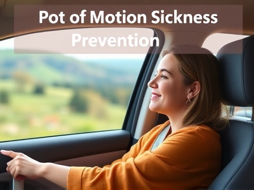 A person sitting comfortably in a car, looking out the window at a serene landscape, symbolizing effective motion sickness prevention, with a calm and relaxed expression.