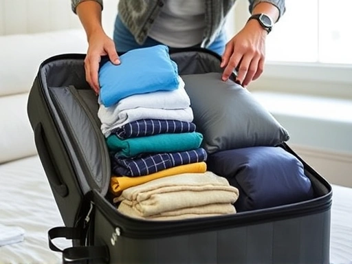 A person efficiently packing a travel bag, neatly folding clothes and using packing cubes, with a sense of organization and preparation for a trip. The background is a clean room with a bed and a window, suggesting a pre-travel scene, vibrant and practical.