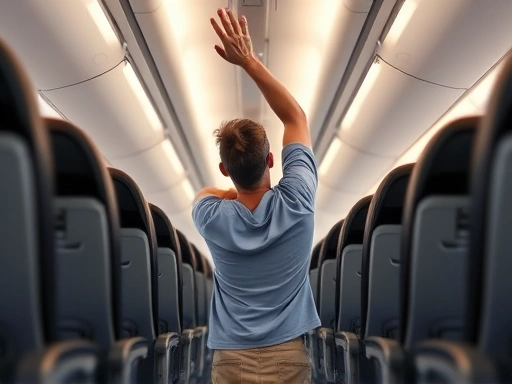 A person performing gentle stretching exercises in the aisle of a long-haul airplane, focusing on health and well-being. The scene shows a modern airplane interior with soft lighting. long-haul-flight-health-management-tips. 