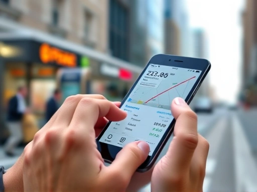 Close-up of hands using a smartphone to compare prices and check public transportation routes, with blurred city background, emphasizing smart spending and digital tools.
