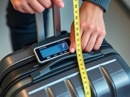 Close-up shot of a person carefully weighing a suitcase on a digital scale, with a measuring tape nearby, emphasizing preparation and attention to detail before a flight.