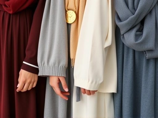 Close-up image of various modest clothing items (long sleeves, long skirts, headscarves) suitable for visiting religious facilities, neatly folded or displayed. Focus on fabric and respectful style.