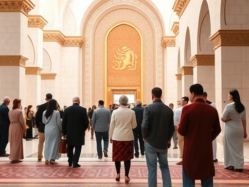 A diverse group of people politely entering a grand religious facility, showing respectful posture and modest dress, with an emphasis on cultural understanding. Serene atmosphere.