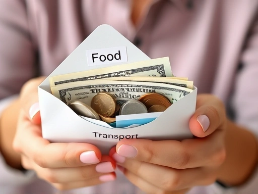 A close-up shot of a person carefully organizing a small stack of bills and coins into different labeled envelopes for various living expense categories like 