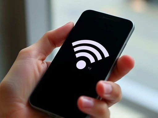 A close-up shot of a hand holding a smartphone, displaying a VPN connection symbol over a Wi-Fi icon, emphasizing secure internet usage on public Wi-Fi networks abroad.