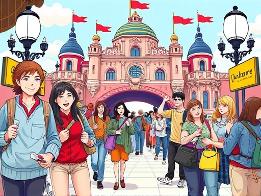 A vibrant, detailed illustration of diverse travelers happily entering a famous tourist attraction, with subtle graphical elements indicating discounts or savings, bright, inviting atmosphere.